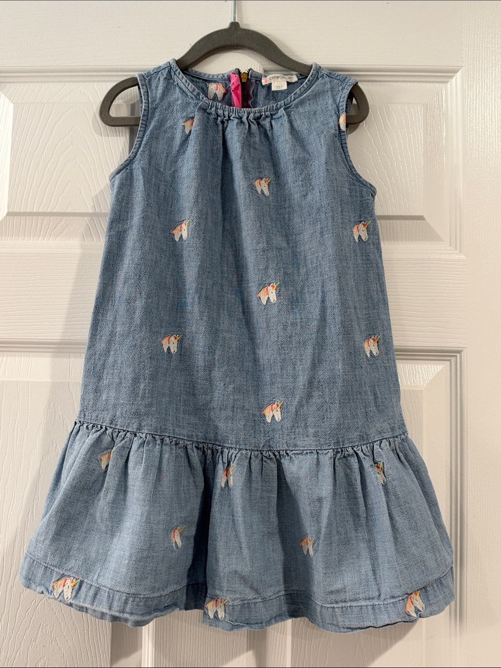 Crewcuts Blue Chambray Dress with Unicorn Embroideries